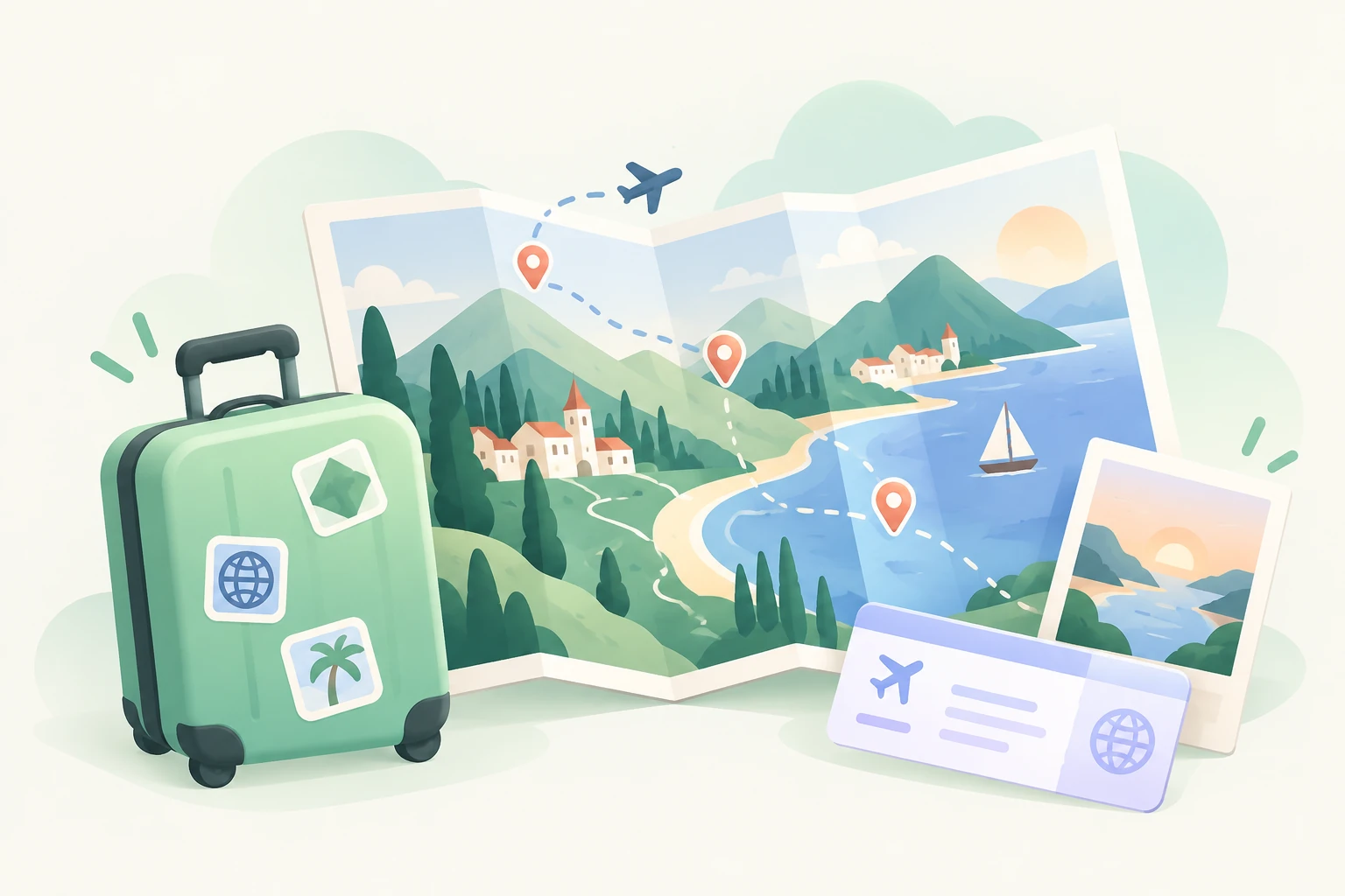 Pastel coastal travel map illustration